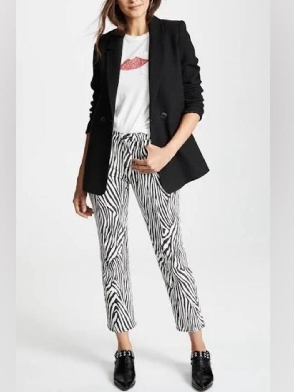 Frame Denim Black & White Zebra-Print Straight Ankle Pants